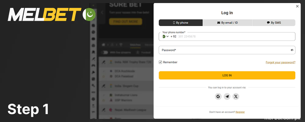 Register or log in to your Melbet account, step 1